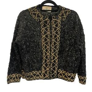Vtg Gene Shelly Black Gold Beaded Sequin Evening Party Jacket L